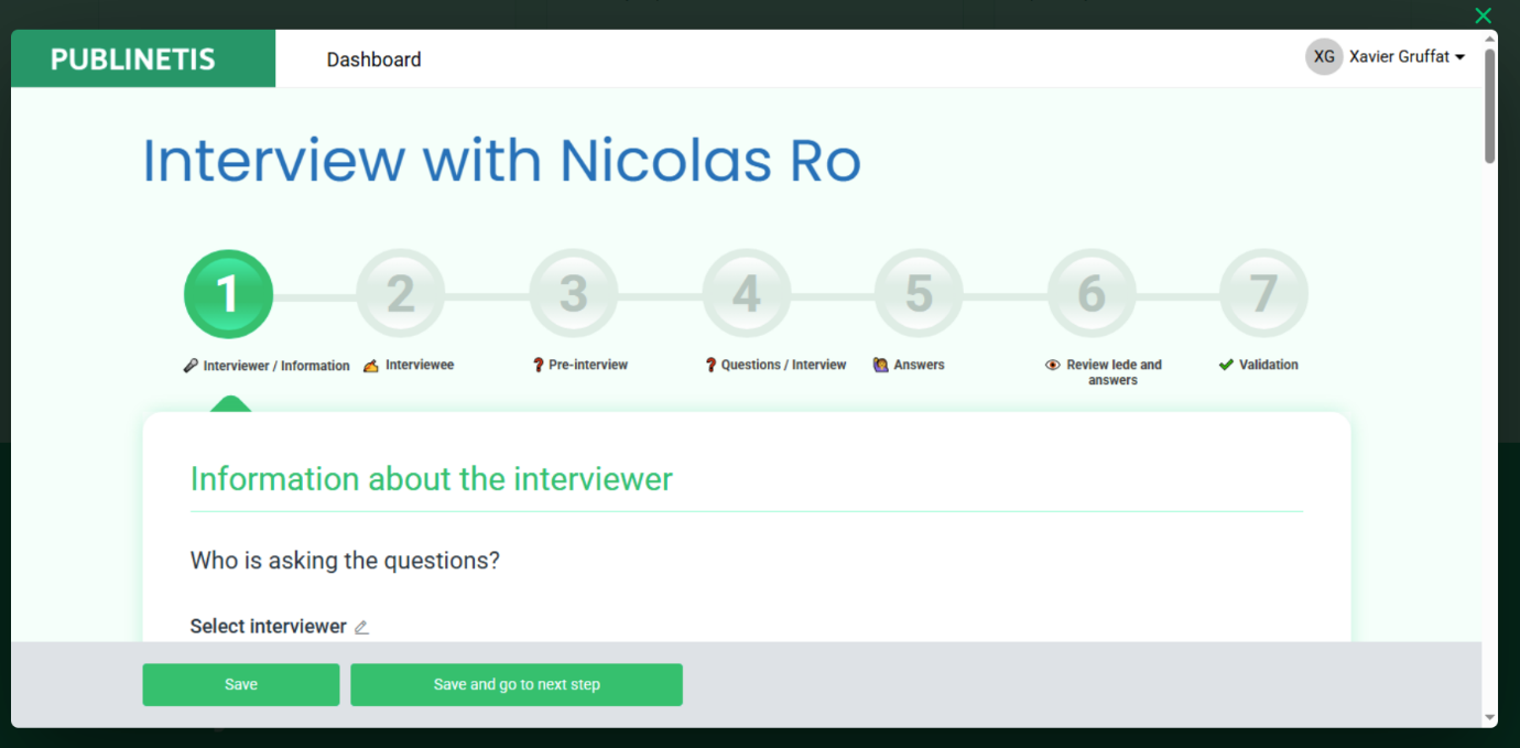 Step 2 screenshot: Interview with Nicolas Ro, information about the interviewer